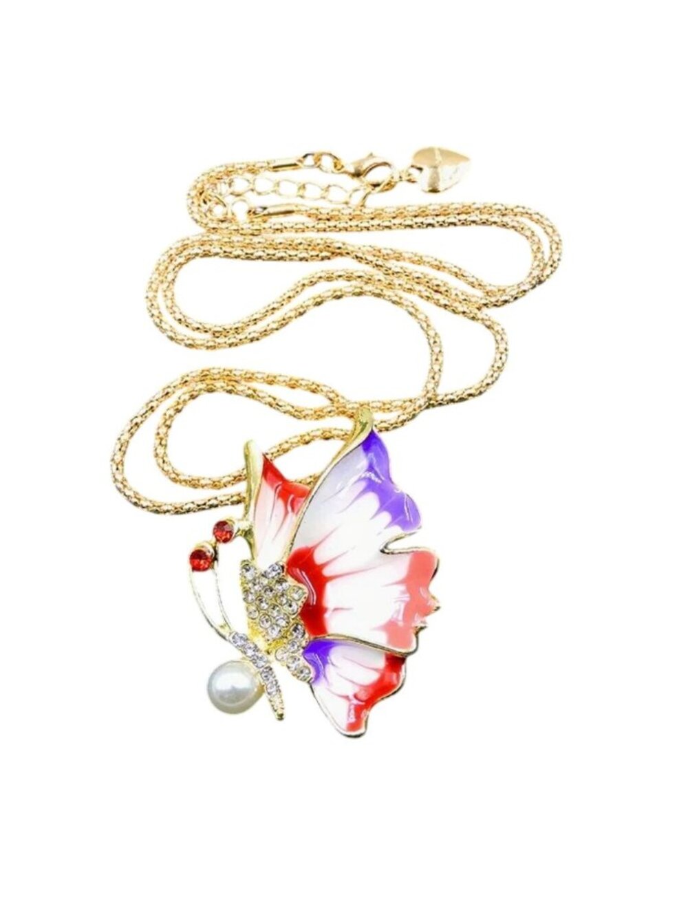 Betsey Johnson Necklace Brooch Enamel Crystal Butterfly Pendant Gold Tone